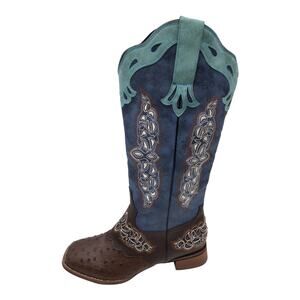 YOUTHJUNE Blue & Brown  Embroidered Ostrich Look Saddle Cowboy Boots Women's 10